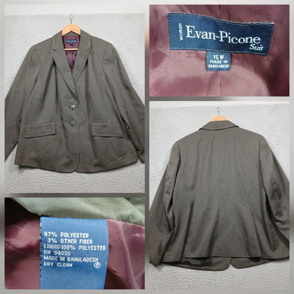 Evan-Picone Woman Suit Blazer 16W Brown‎ Two Button Lined Career Jacket